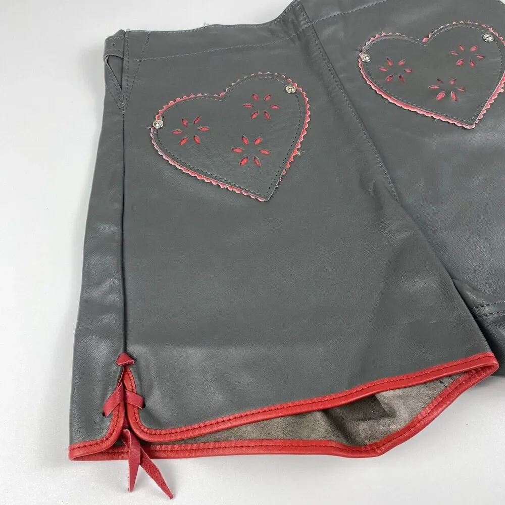 VTG 60s German Lederhosen Child Shorts Authentic Gray Leather Oktoberfest Heart